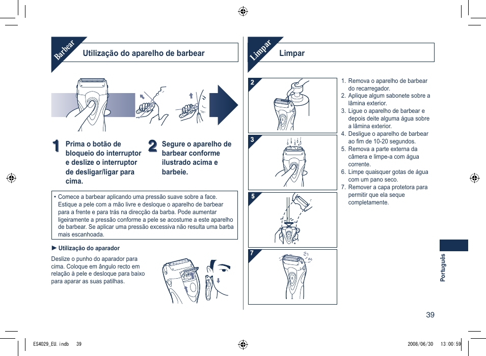 Barbear, Limpar | Panasonic ES4029 User Manual | Page 39 / 104