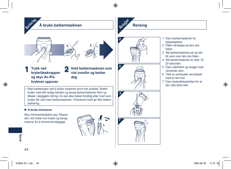 Barbering, Rengjør | Panasonic ES4029 User Manual | Page 44 / 104