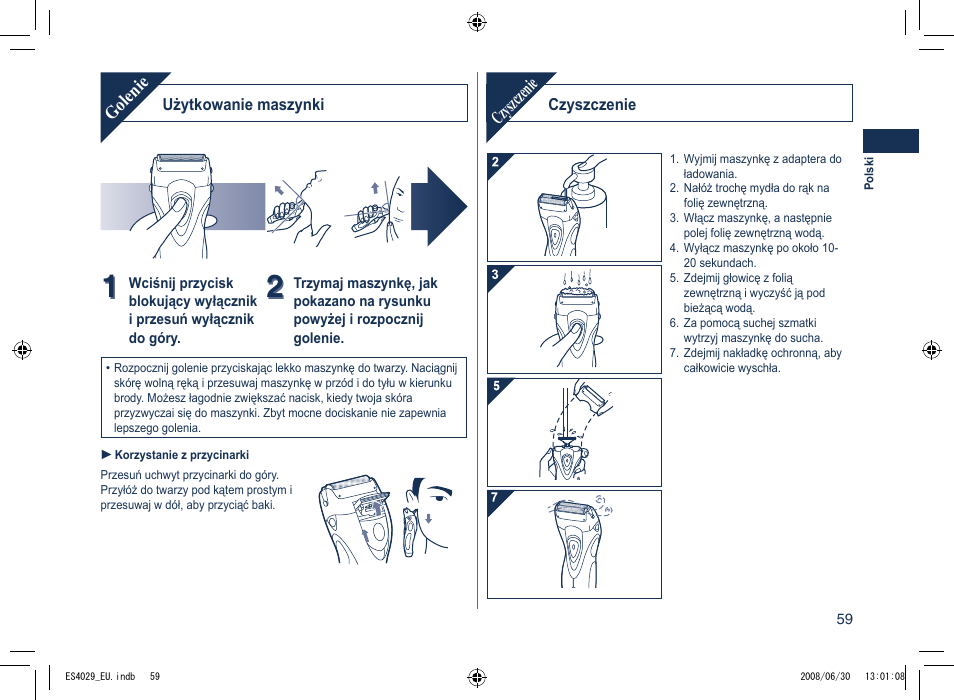 Golenie, Czyszczenie | Panasonic ES4029 User Manual | Page 59 / 104