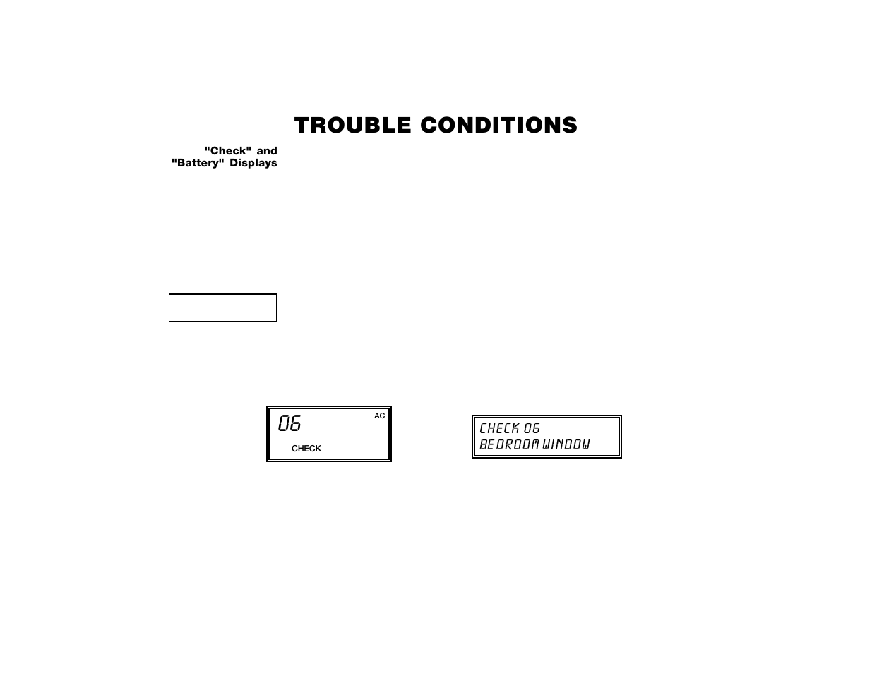 Trouble conditions, Check 06 be droom window | ADT Security Services Safewatch Pro 2000 User Manual | Page 29 / 48