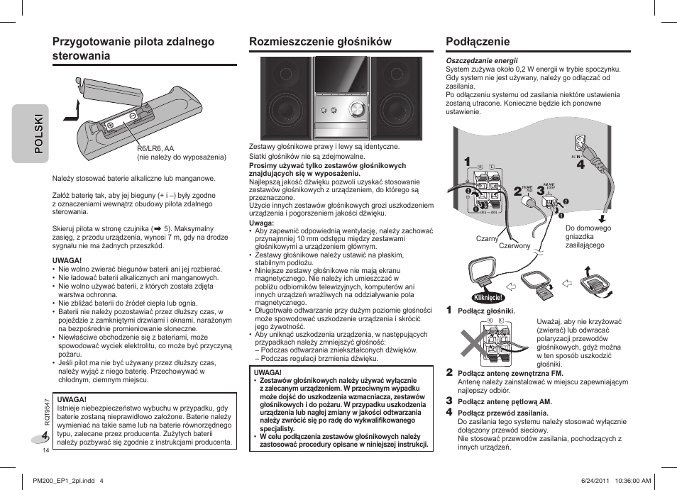 Przygotowanie pilota zdalnego sterowania, Rozmieszczenie głośników, Podłączenie | Polski | Panasonic SCPM200EP User Manual | Page 14 / 64