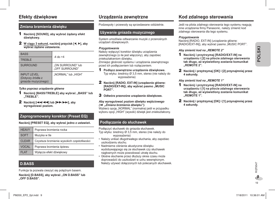 Efekty dźwiękowe, Urządzenia zewnętrzne, Kod zdalnego sterowania | Panasonic SCPM200EP User Manual | Page 19 / 64