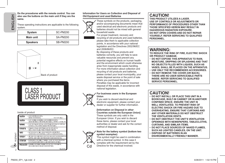 Caution, Warning | Panasonic SCPM200EP User Manual | Page 2 / 64