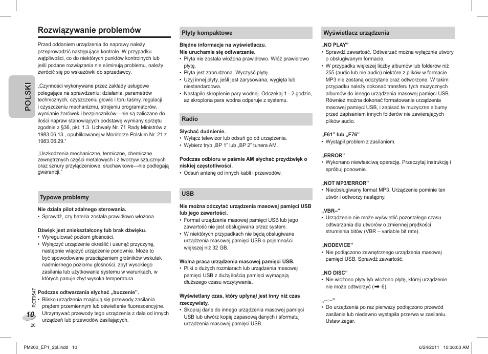 Rozwiązywanie problemów, Polski | Panasonic SCPM200EP User Manual | Page 20 / 64