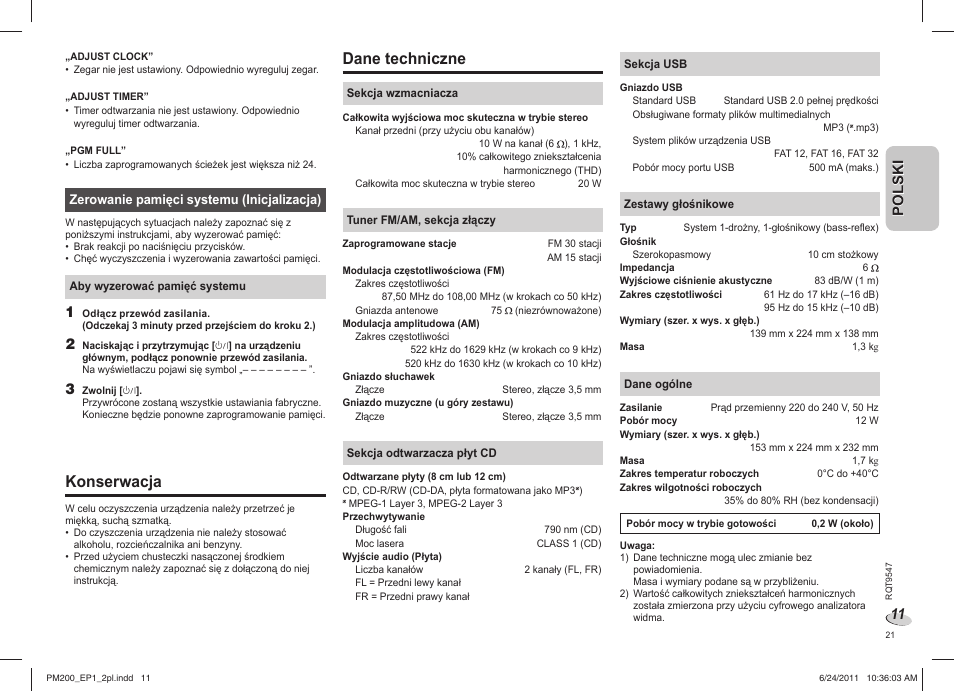 Konserwacja, Dane techniczne, Polski | Panasonic SCPM200EP User Manual | Page 21 / 64