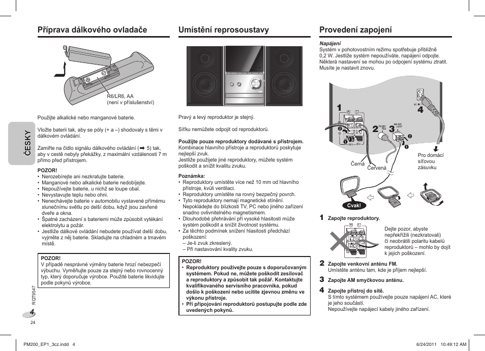 Příprava dálkového ovladače, Umístění reprosoustavy, Provedení zapojení | Panasonic SCPM200EP User Manual | Page 24 / 64