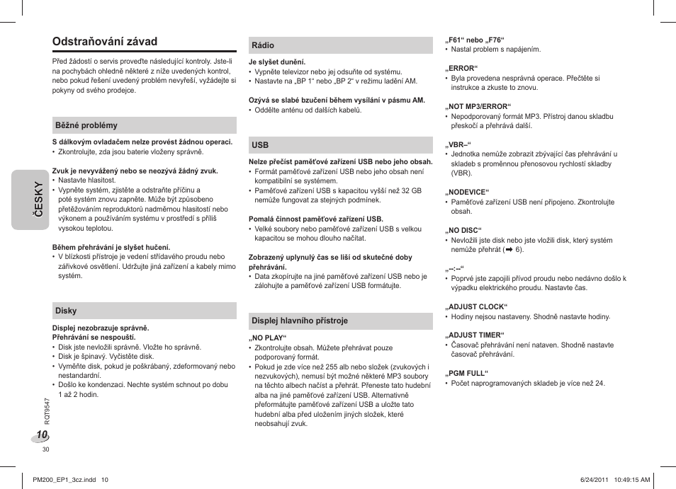 Odstraňování závad, Česky č esky | Panasonic SCPM200EP User Manual | Page 30 / 64