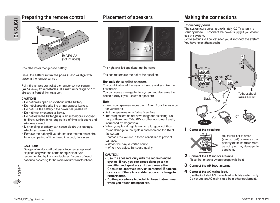 Preparing the remote control, Placement of speakers, Making the connections | English | Panasonic SCPM200EP User Manual | Page 4 / 64