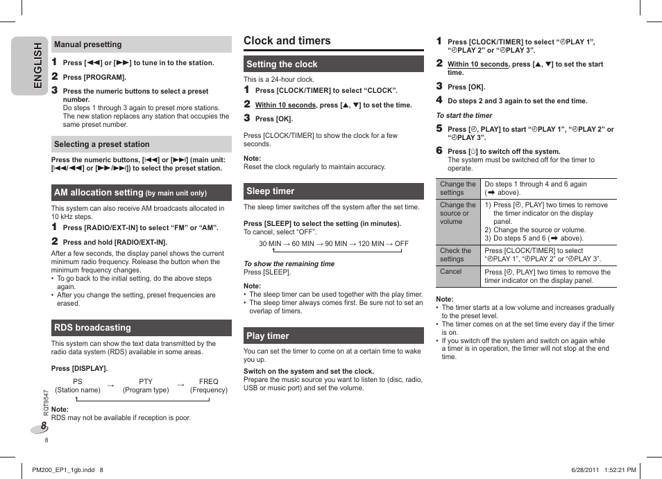 Clock and timers | Panasonic SCPM200EP User Manual | Page 8 / 64