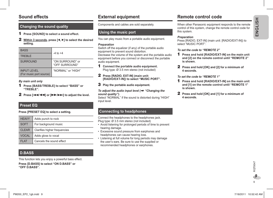 Sound effects, External equipment, Remote control code | Panasonic SCPM200EP User Manual | Page 9 / 64