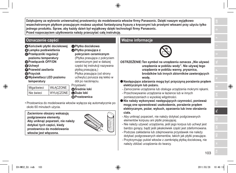 Oznaczenie części, Ważne informacje | Panasonic EHHW32 User Manual | Page 103 / 158