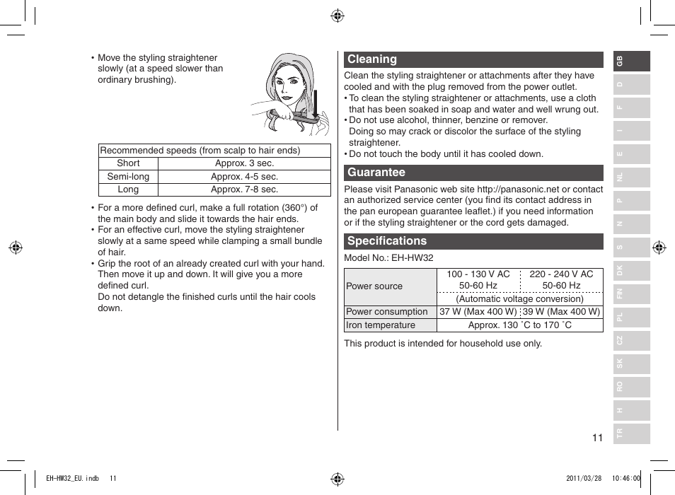 Cleaning, Guarantee, Specifications | Panasonic EHHW32 User Manual | Page 11 / 158