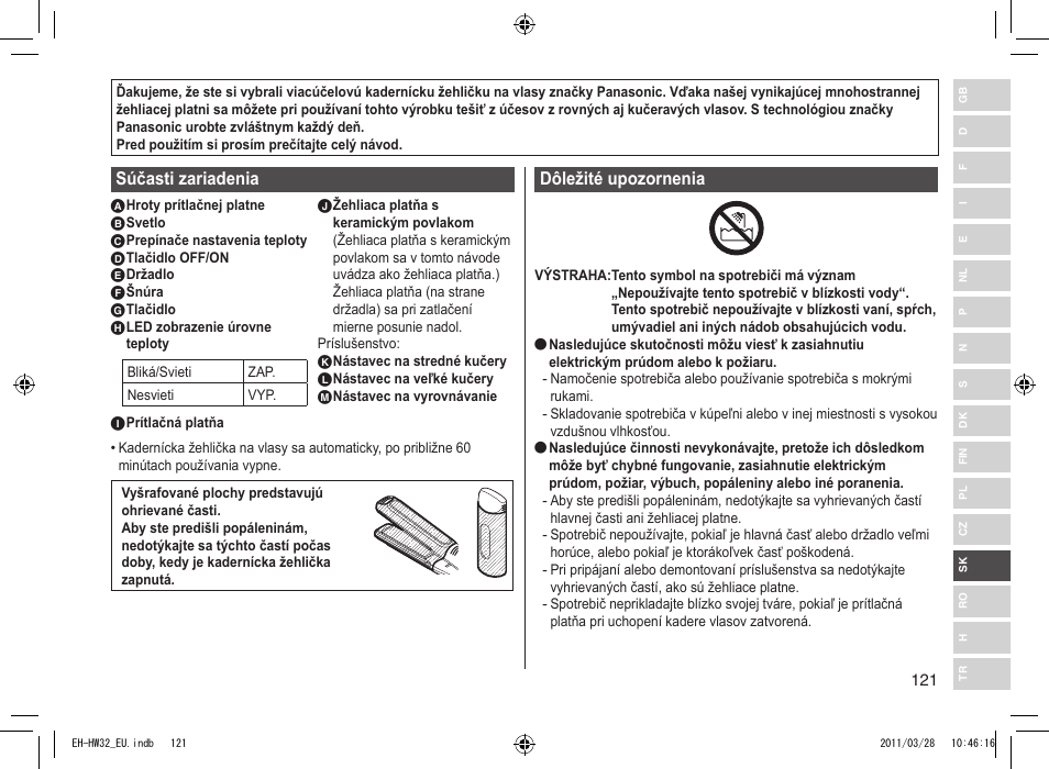 Súčasti zariadenia, Dôležité upozornenia | Panasonic EHHW32 User Manual | Page 121 / 158