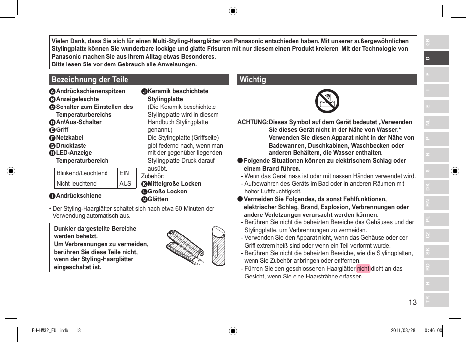 Bezeichnung der teile, Wichtig | Panasonic EHHW32 User Manual | Page 13 / 158