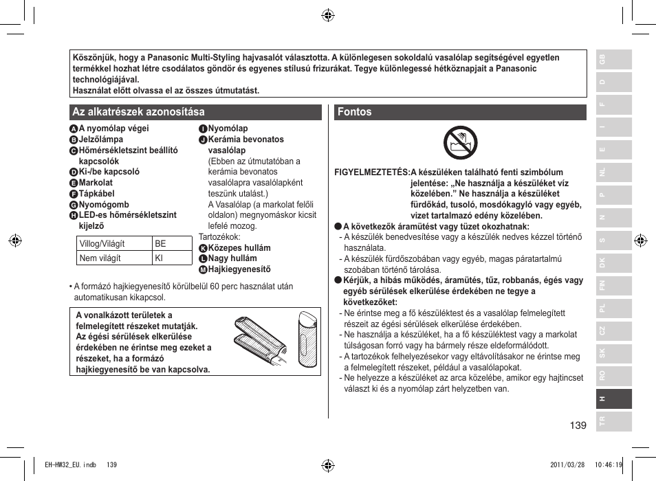 Az alkatrészek azonosítása, Fontos | Panasonic EHHW32 User Manual | Page 139 / 158