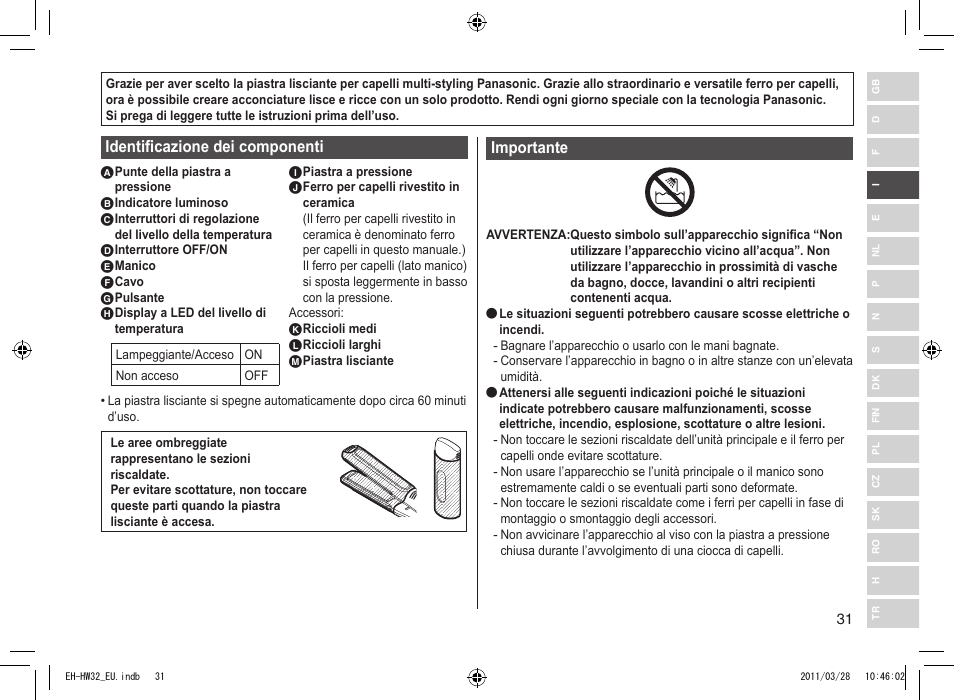 Identificazione dei componenti, Importante | Panasonic EHHW32 User Manual | Page 31 / 158