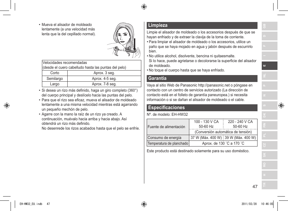 Limpieza, Garantía, Especificaciones | Panasonic EHHW32 User Manual | Page 47 / 158