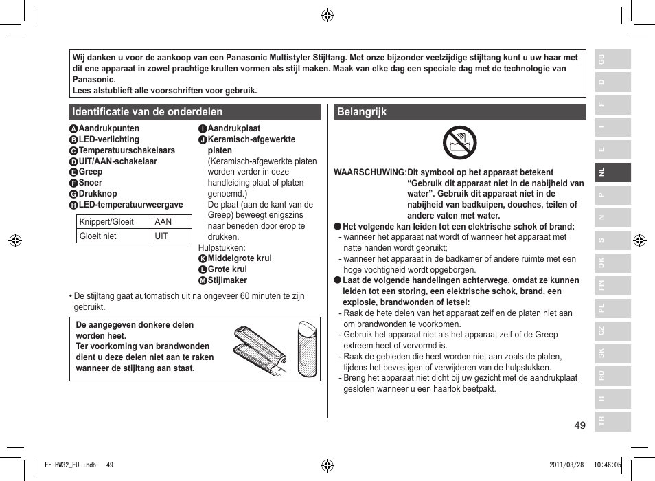 Identificatie van de onderdelen, Belangrijk | Panasonic EHHW32 User Manual | Page 49 / 158