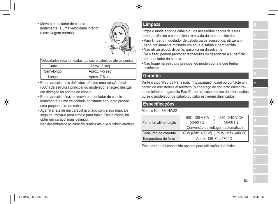 Limpeza, Garantia, Especificações | Panasonic EHHW32 User Manual | Page 65 / 158