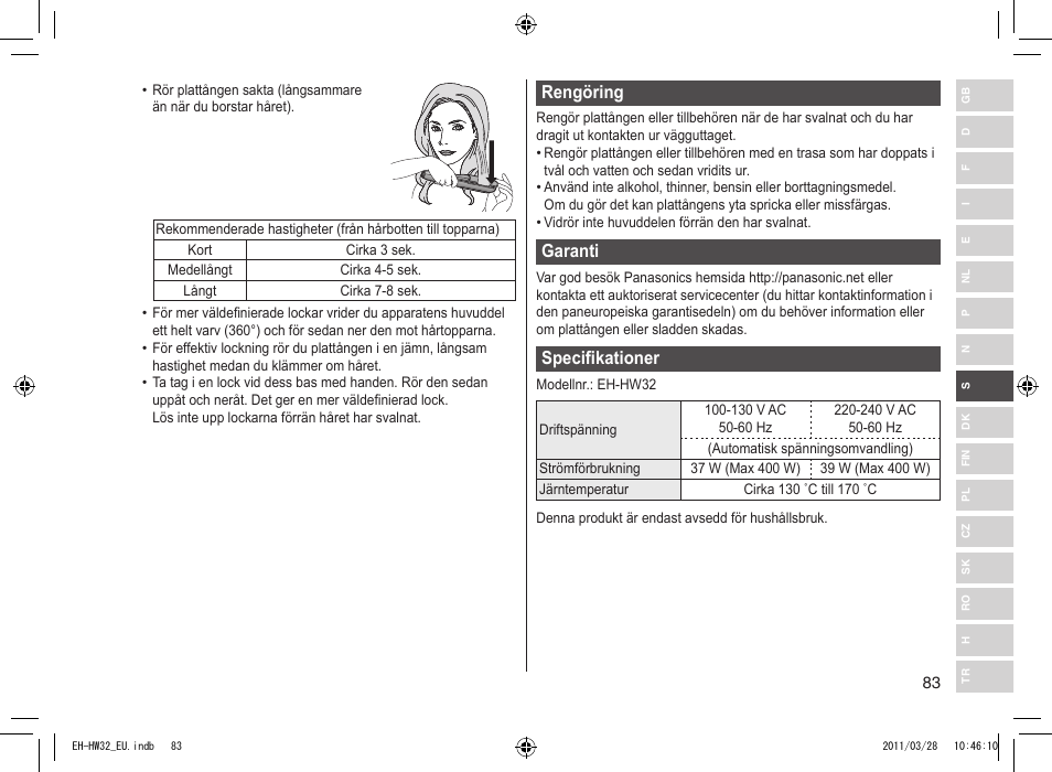 Rengöring, Garanti, Specifikationer | Panasonic EHHW32 User Manual | Page 83 / 158