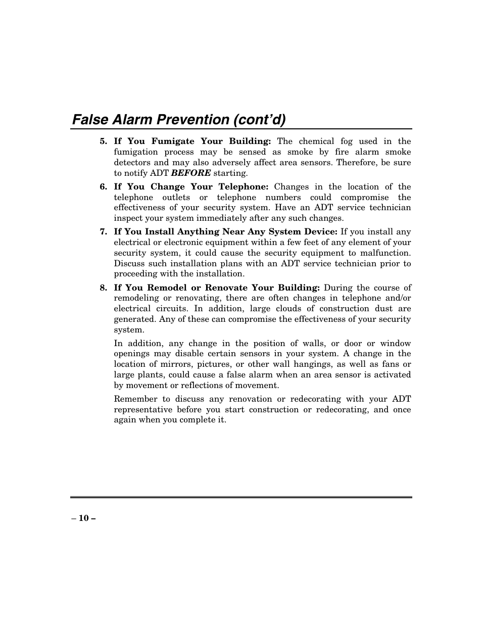 False alarm prevention (cont’d) | ADT Security Services Focus 200 Plus User Manual | Page 10 / 88