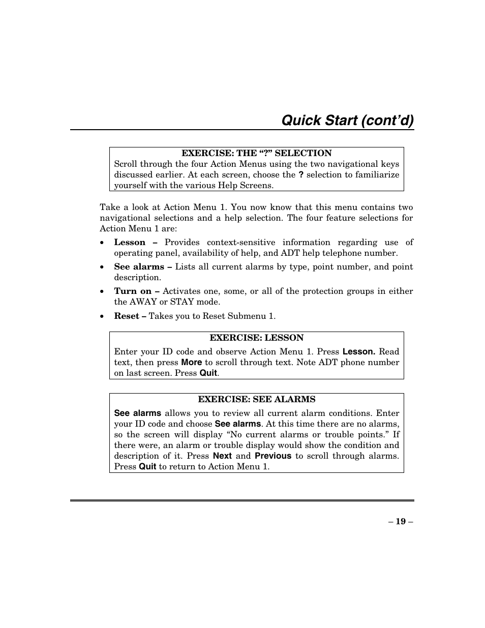 Quick start (cont’d) | ADT Security Services Focus 200 Plus User Manual | Page 19 / 88