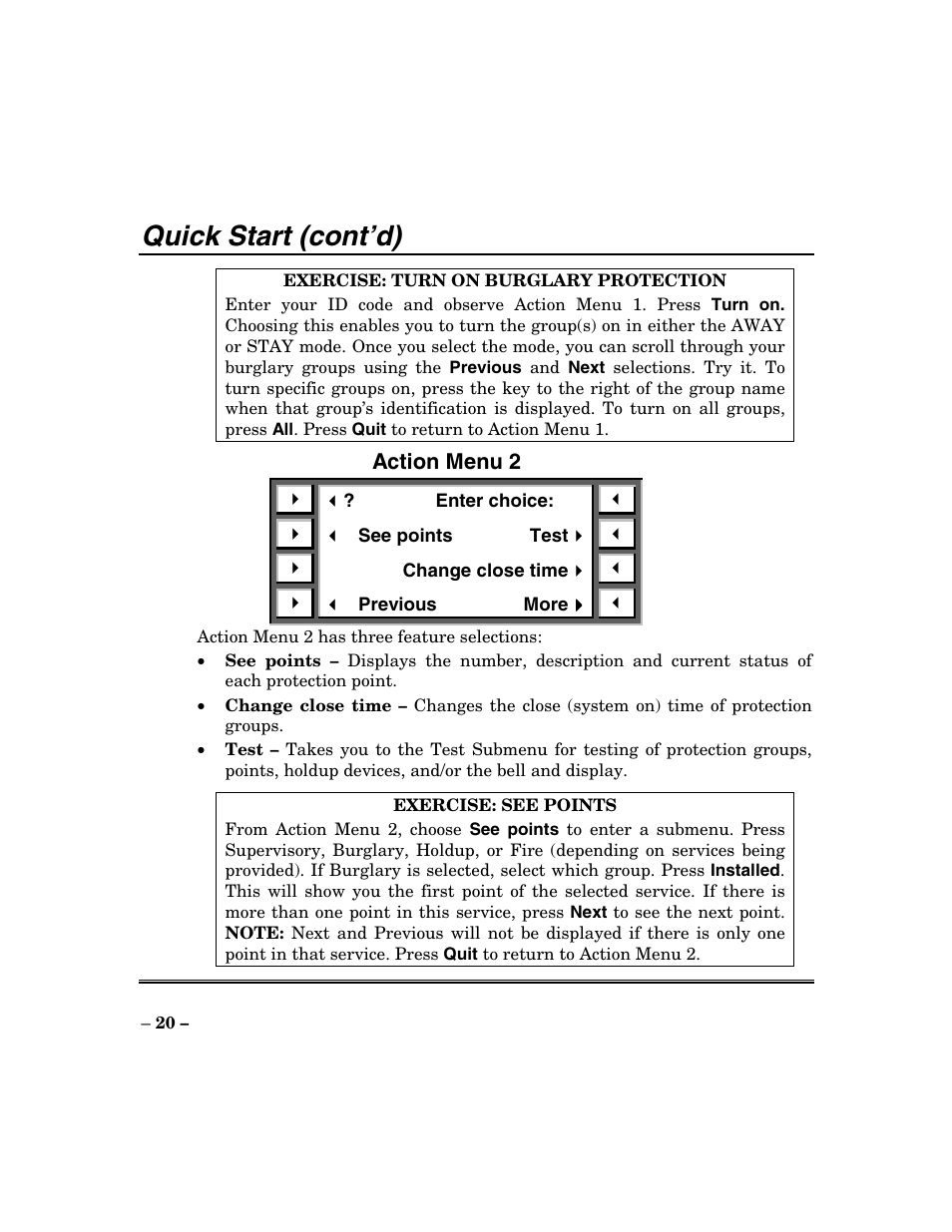 Quick start (cont’d) | ADT Security Services Focus 200 Plus User Manual | Page 20 / 88