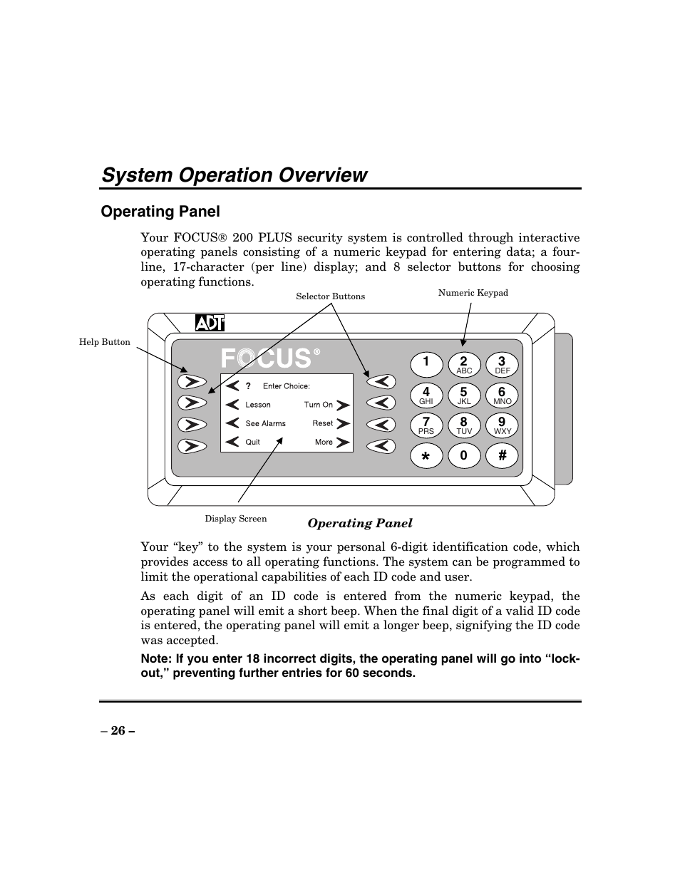 System operation overview, Operating panel | ADT Security Services Focus 200 Plus User Manual | Page 26 / 88