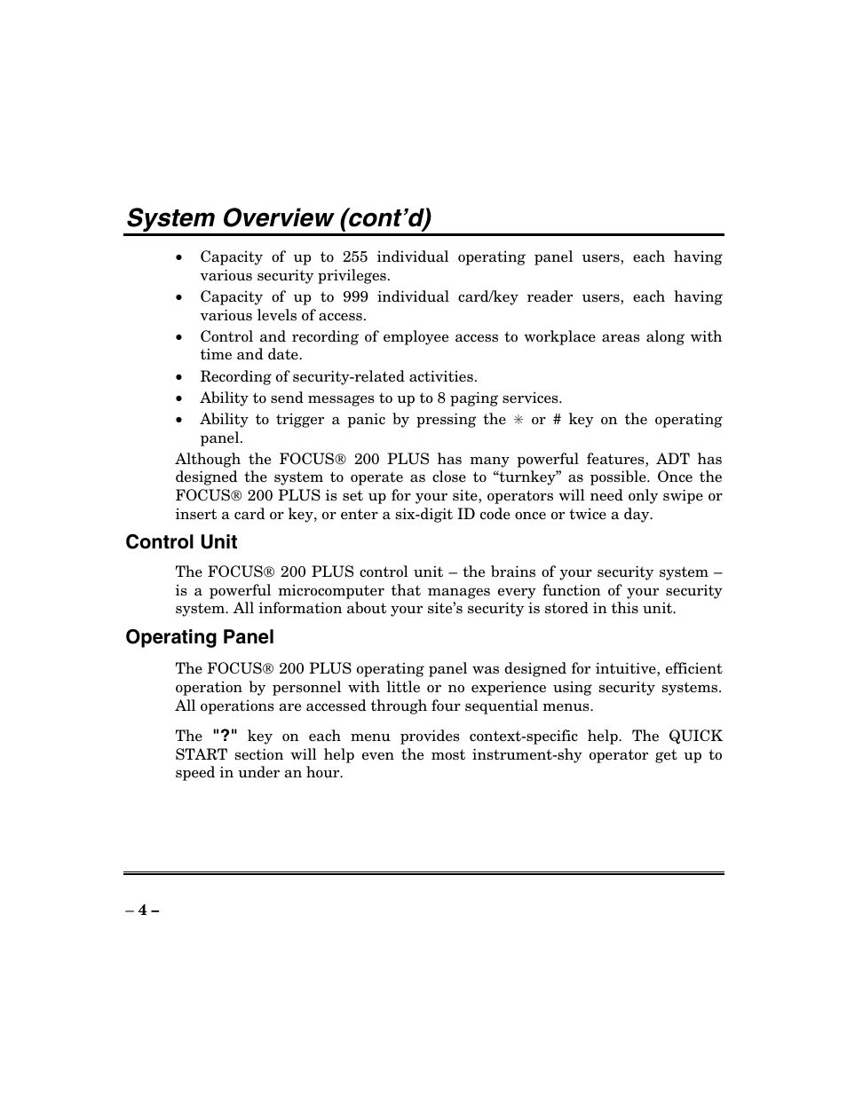 System overview (cont’d), Control unit, Operating panel | ADT Security Services Focus 200 Plus User Manual | Page 4 / 88