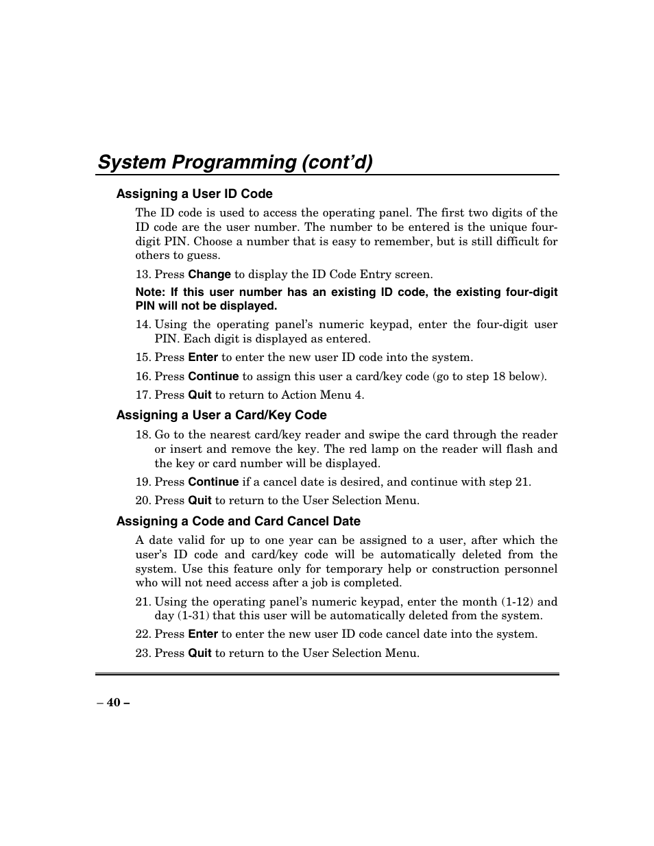 System programming (cont’d) | ADT Security Services Focus 200 Plus User Manual | Page 40 / 88