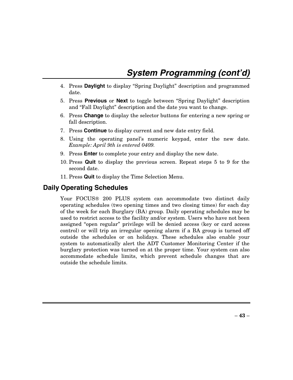 System programming (cont’d) | ADT Security Services Focus 200 Plus User Manual | Page 43 / 88