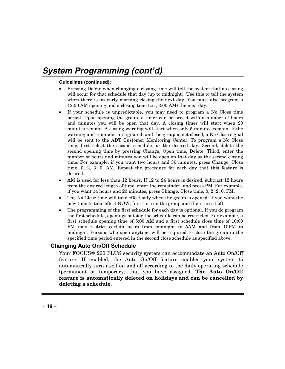 System programming (cont’d) | ADT Security Services Focus 200 Plus User Manual | Page 46 / 88