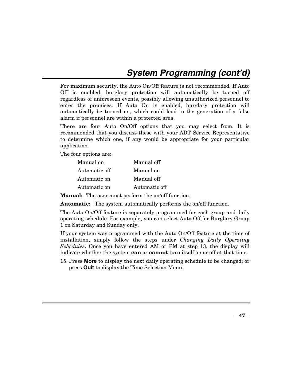 System programming (cont’d) | ADT Security Services Focus 200 Plus User Manual | Page 47 / 88