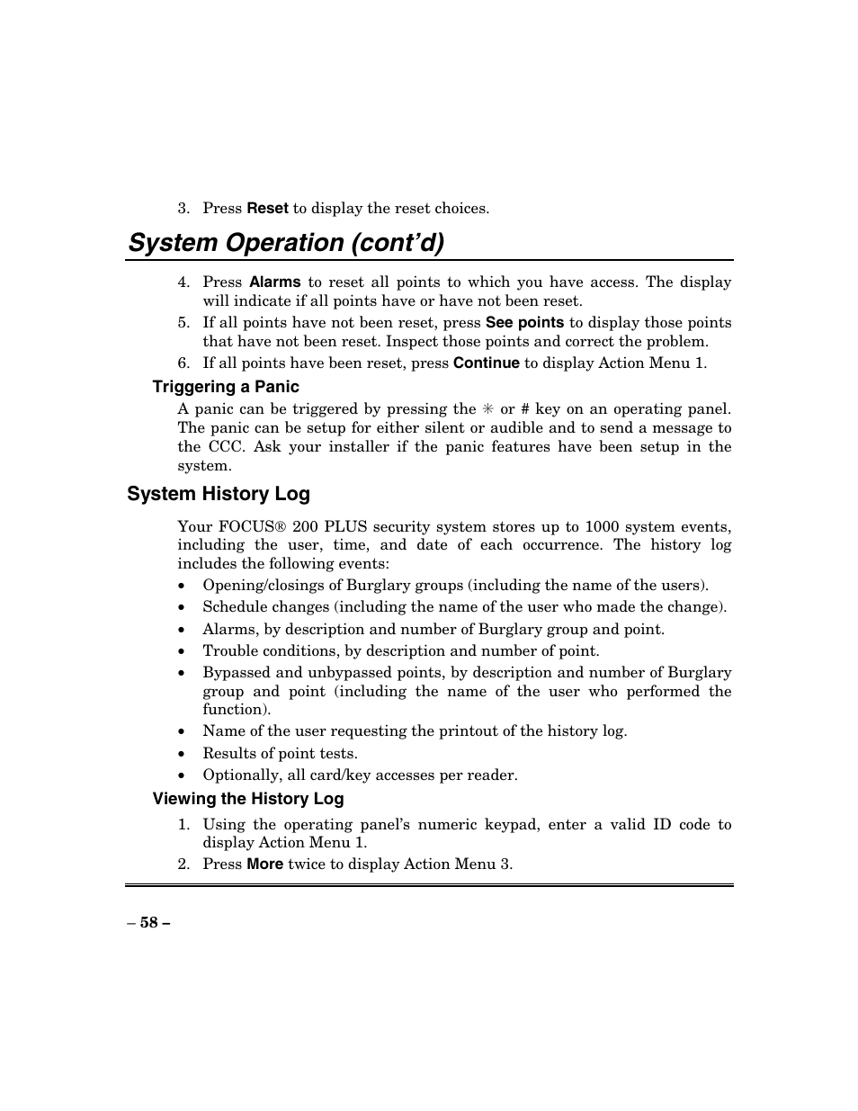 System operation (cont’d) | ADT Security Services Focus 200 Plus User Manual | Page 58 / 88