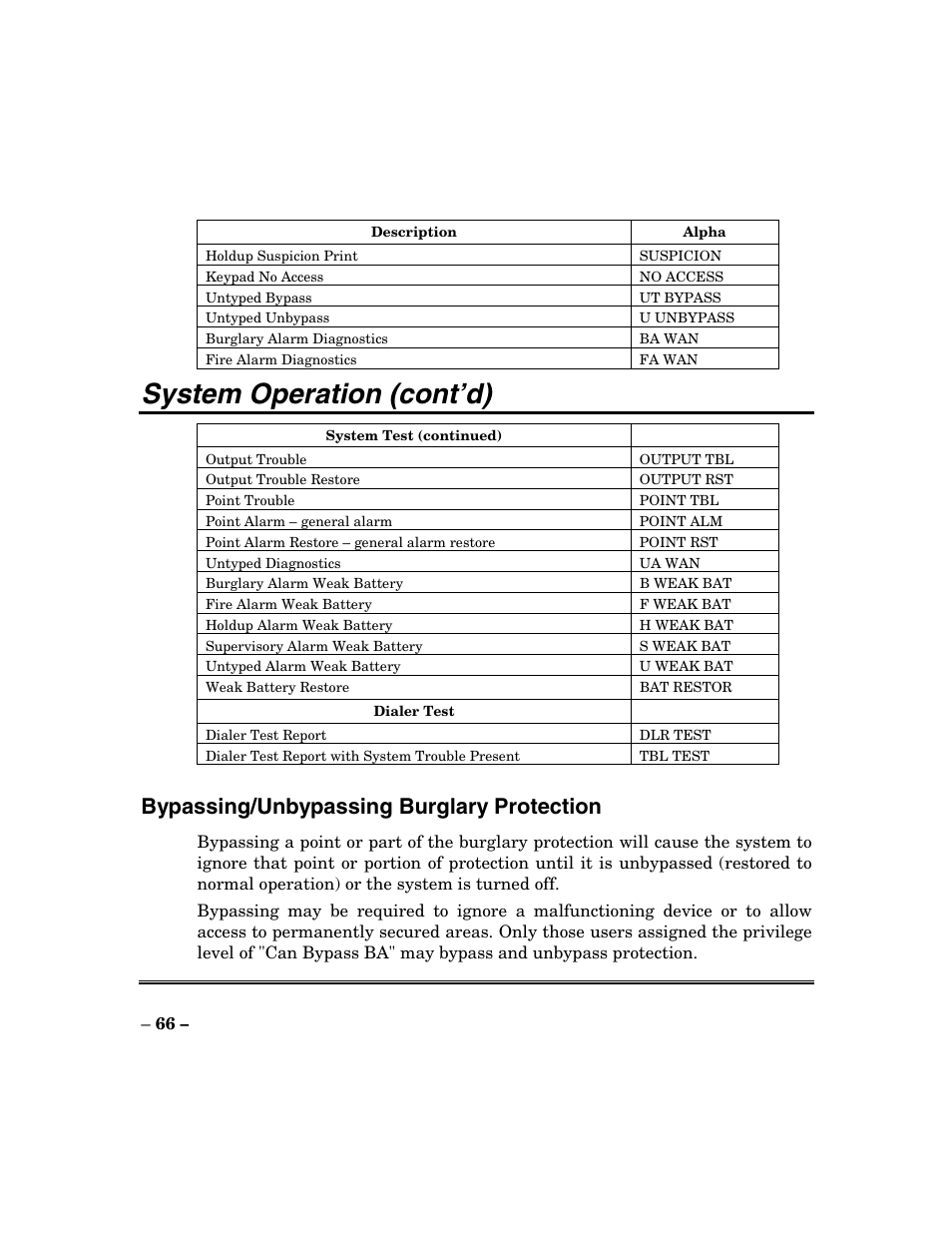 System operation (cont’d), Bypassing/unbypassing burglary protection | ADT Security Services Focus 200 Plus User Manual | Page 66 / 88