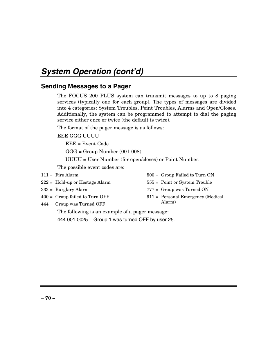 System operation (cont’d), Sending messages to a pager | ADT Security Services Focus 200 Plus User Manual | Page 70 / 88