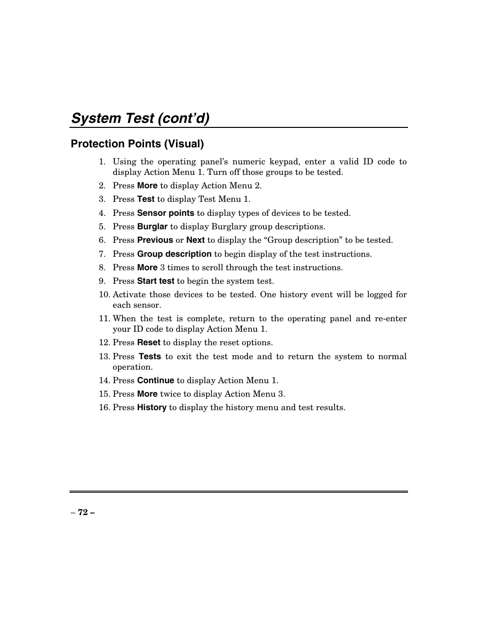 System test (cont’d), Protection points (visual) | ADT Security Services Focus 200 Plus User Manual | Page 72 / 88