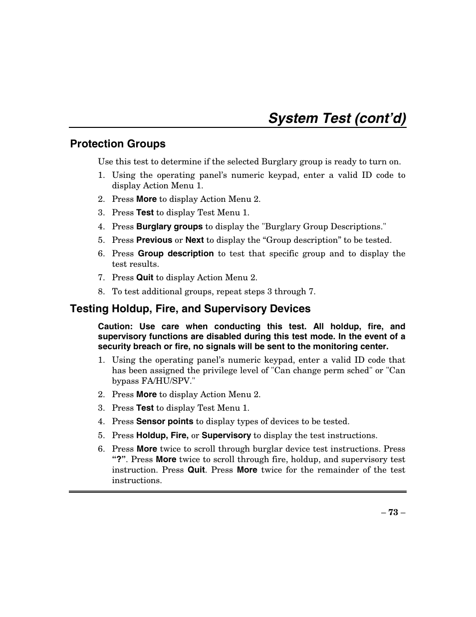System test (cont’d) | ADT Security Services Focus 200 Plus User Manual | Page 73 / 88