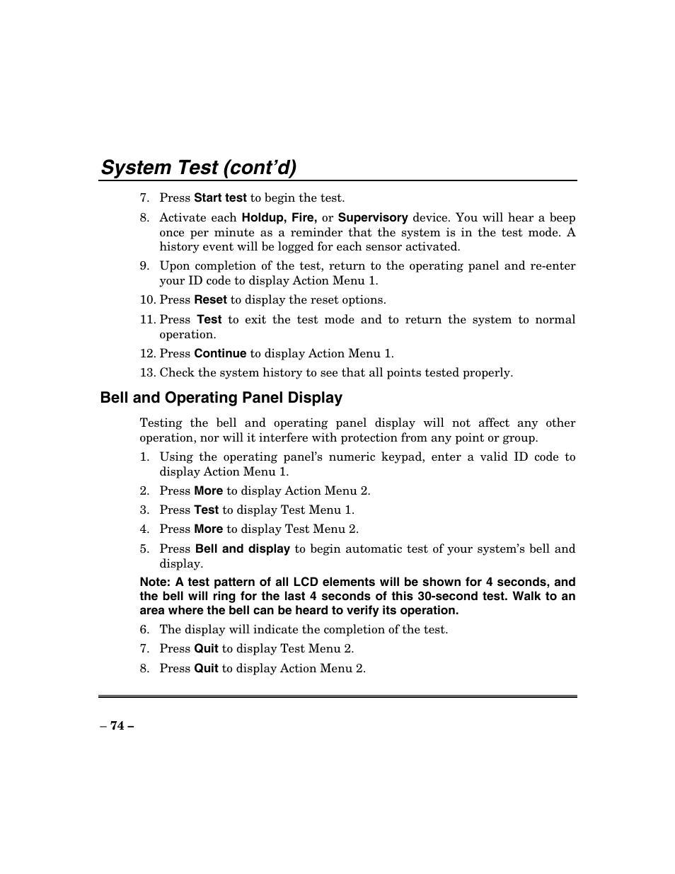 System test (cont’d) | ADT Security Services Focus 200 Plus User Manual | Page 74 / 88