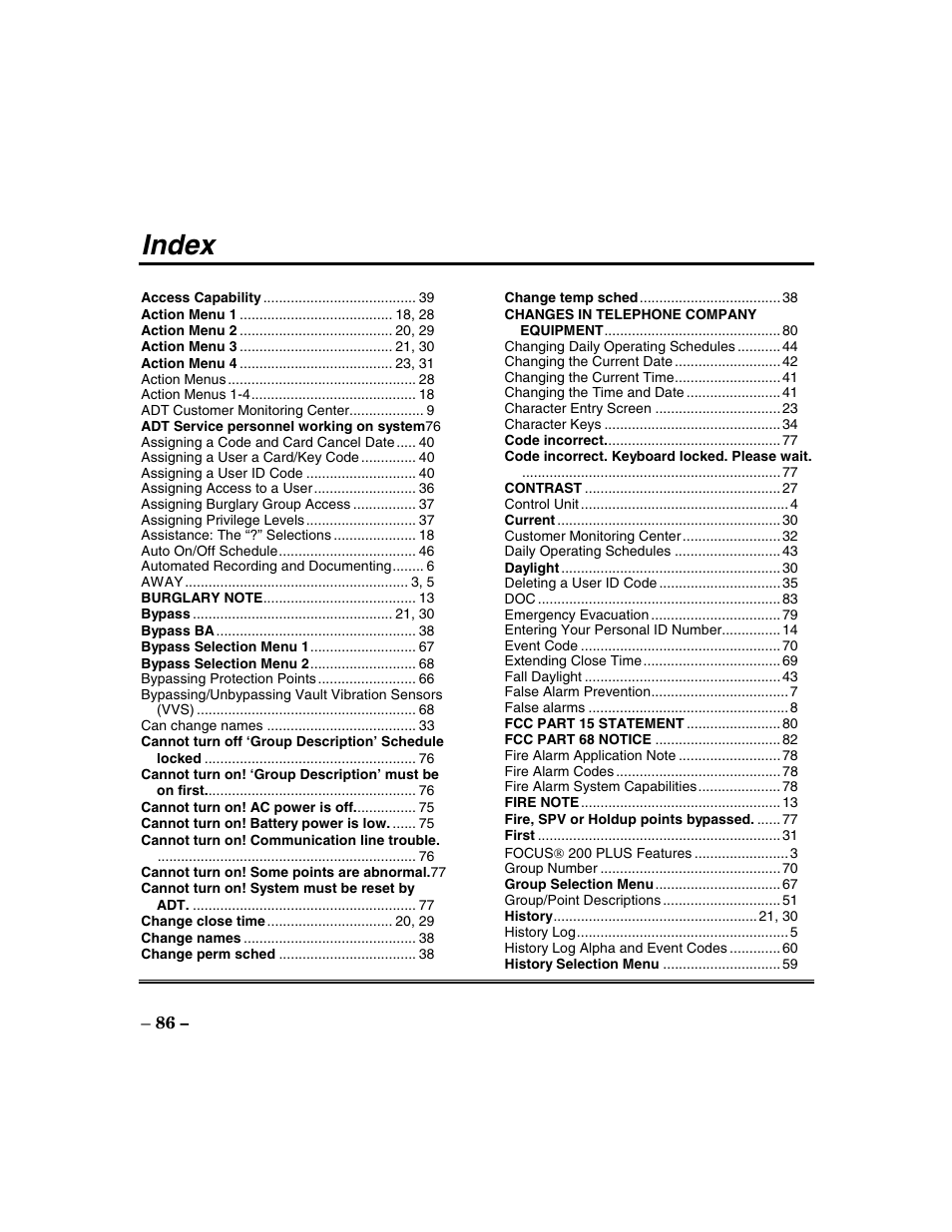Index | ADT Security Services Focus 200 Plus User Manual | Page 86 / 88