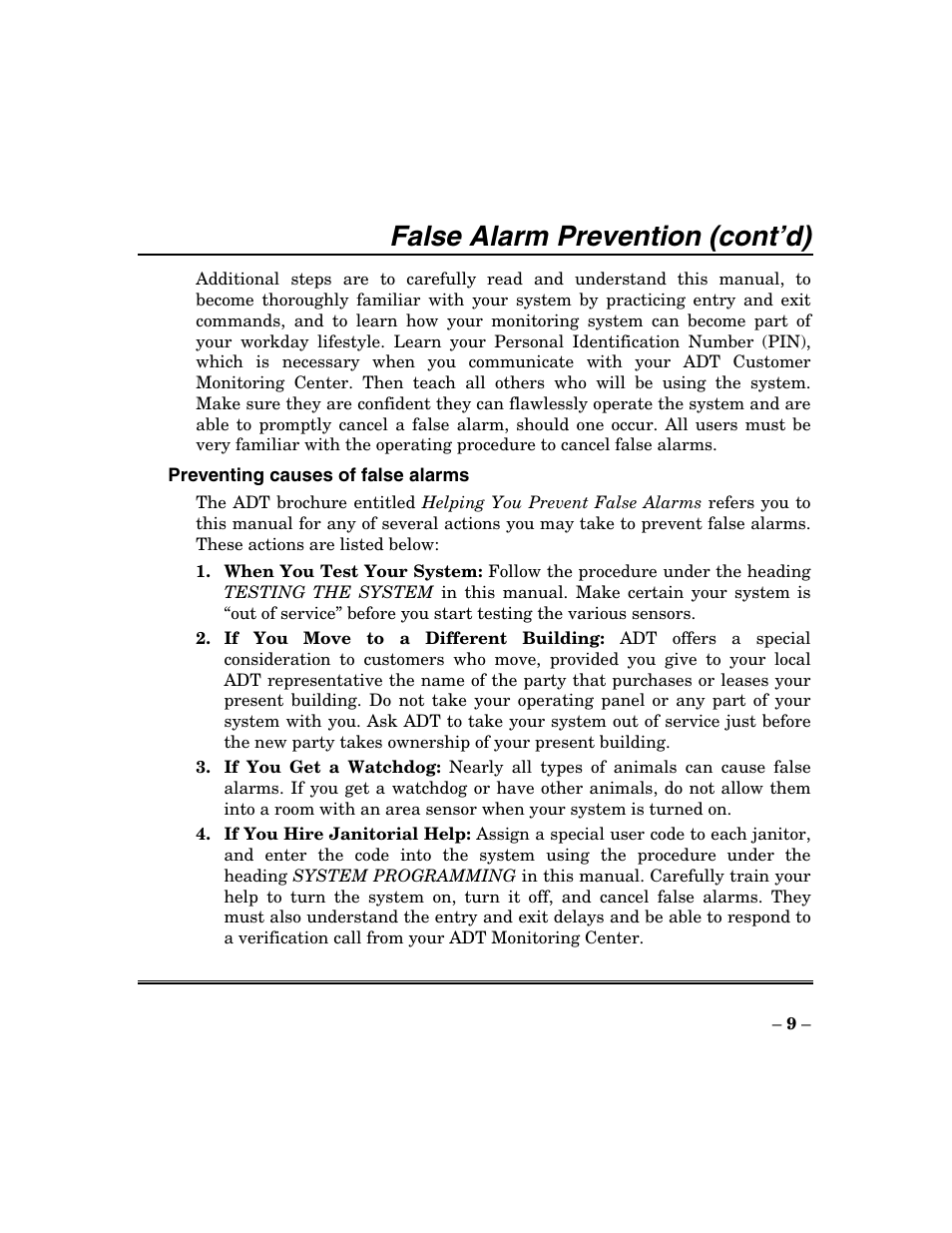 False alarm prevention (cont’d) | ADT Security Services Focus 200 Plus User Manual | Page 9 / 88
