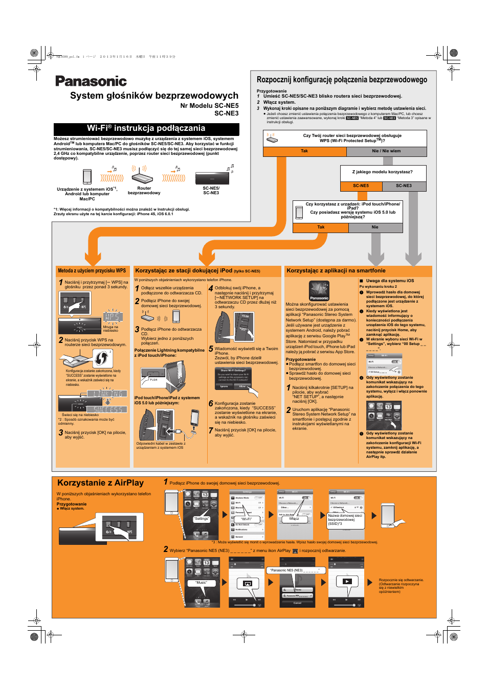 System głośników bezprzewodowych, Wi-fi, Instrukcja podłączania | Rozpocznij konfigurację połączenia bezprzewodowego, Korzystanie z airplay | Panasonic SCNE5EG User Manual | Page 2 / 3