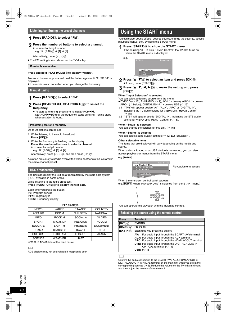 Using the start menu | Panasonic SCXH155EP User Manual | Page 10 / 90