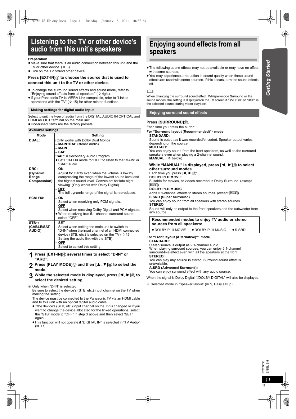 Enjoying sound effects from all speakers | Panasonic SCXH155EP User Manual | Page 11 / 90