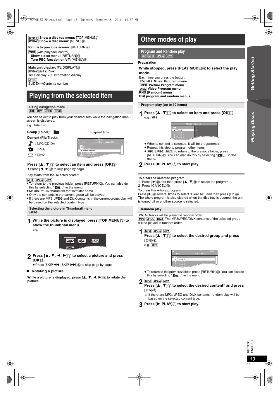 Playing from the selected item, Other modes of play | Panasonic SCXH155EP User Manual | Page 13 / 90