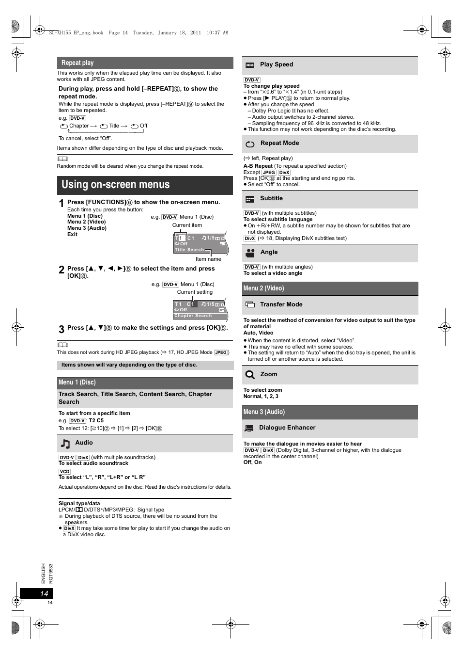 Using on-screen menus | Panasonic SCXH155EP User Manual | Page 14 / 90