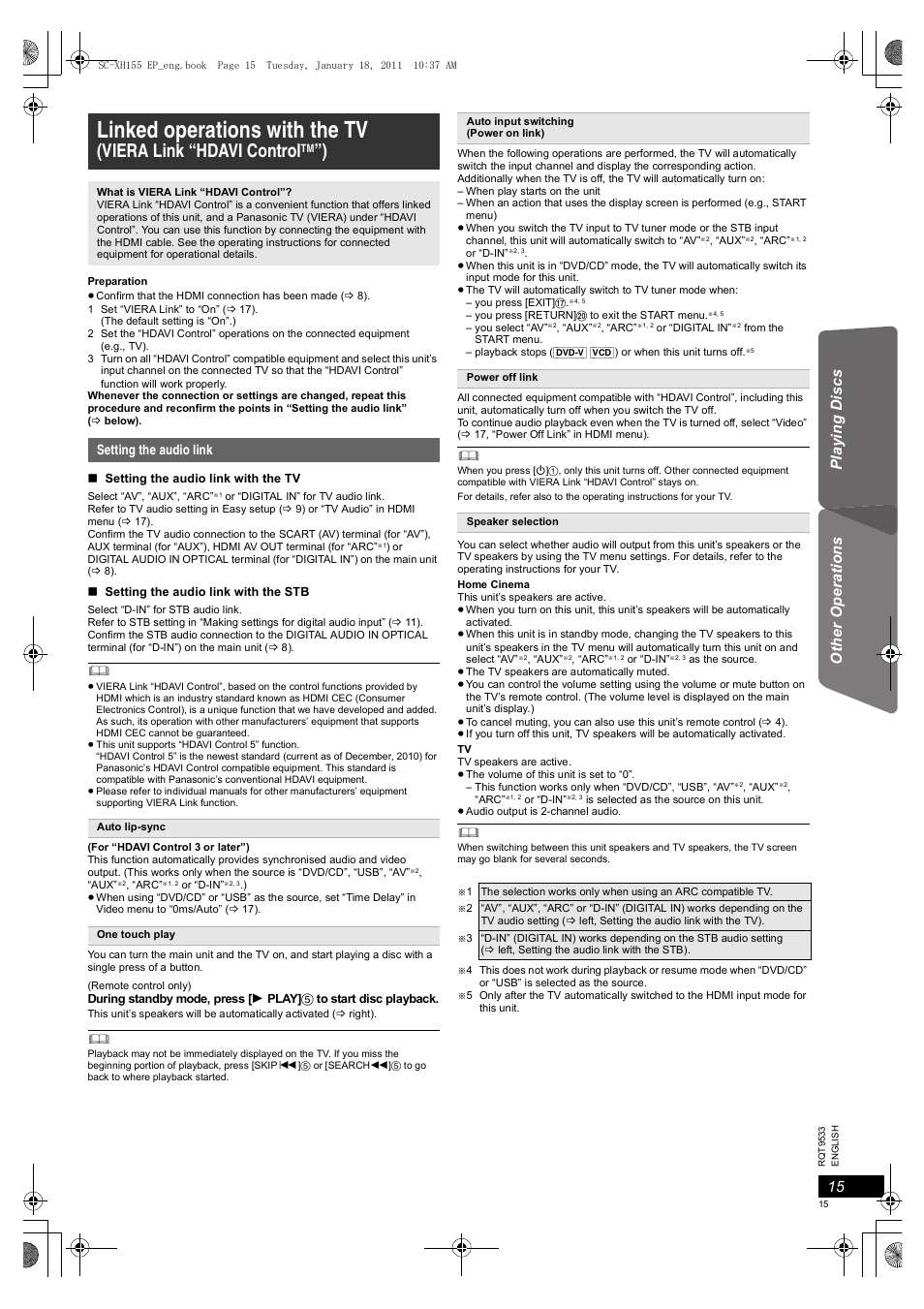 Linked operations with the tv, Viera link “hdavi control | Panasonic SCXH155EP User Manual | Page 15 / 90