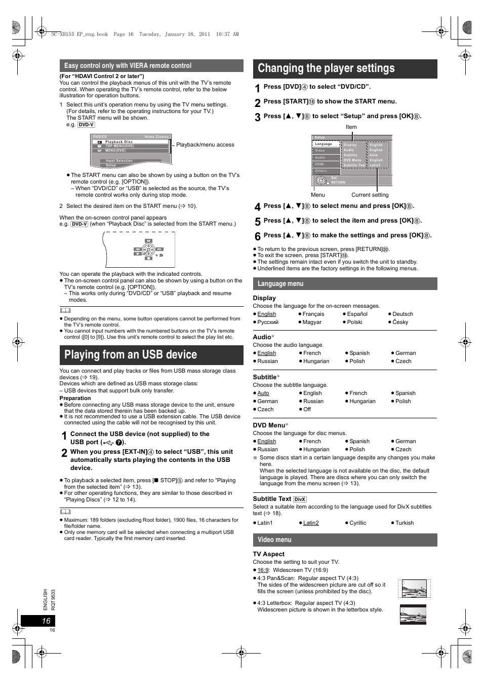 Playing from an usb device, Changing the player settings | Panasonic SCXH155EP User Manual | Page 16 / 90