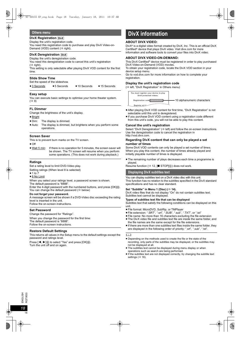 Divx information | Panasonic SCXH155EP User Manual | Page 18 / 90