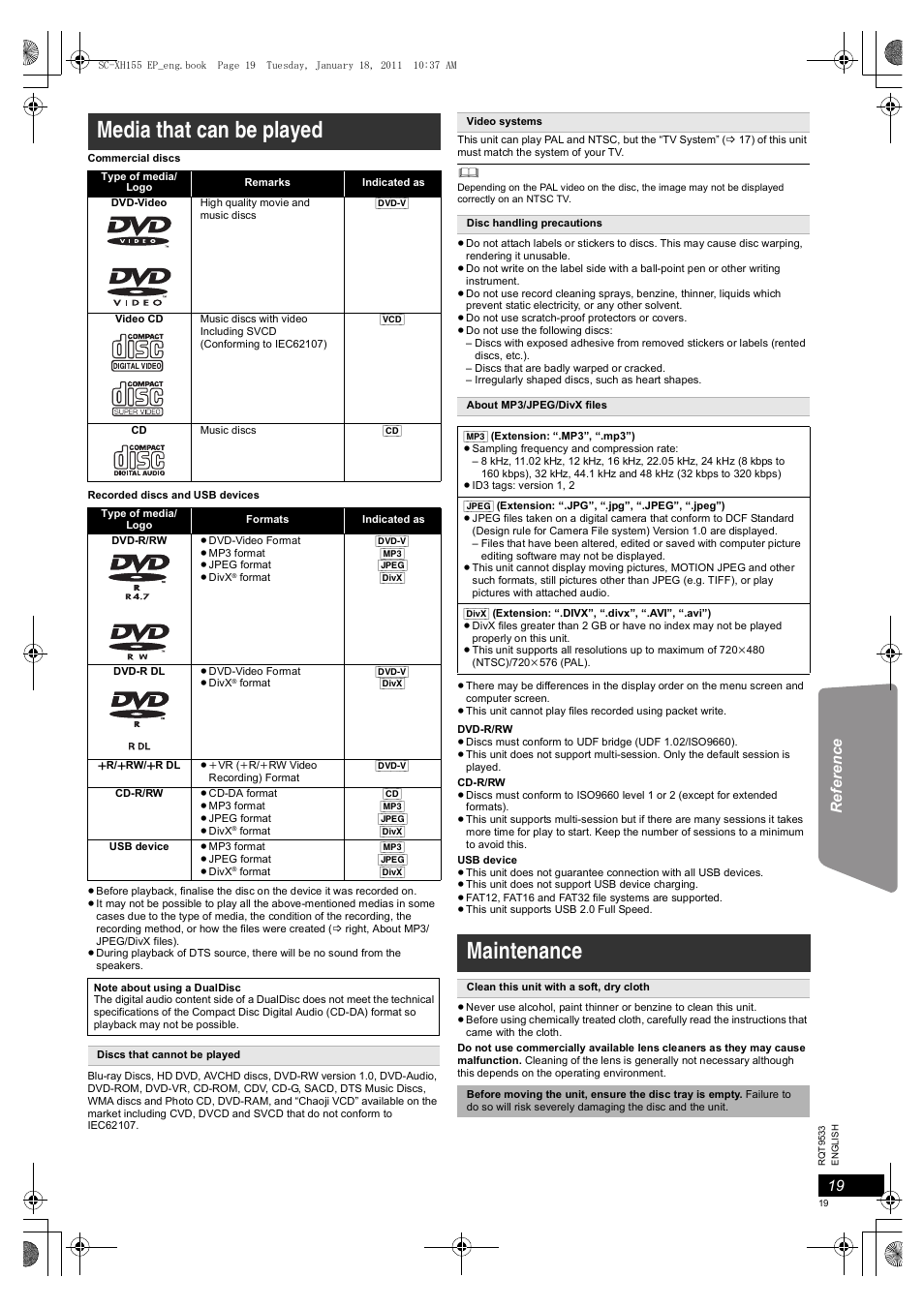 Media that can be played, Maintenance | Panasonic SCXH155EP User Manual | Page 19 / 90